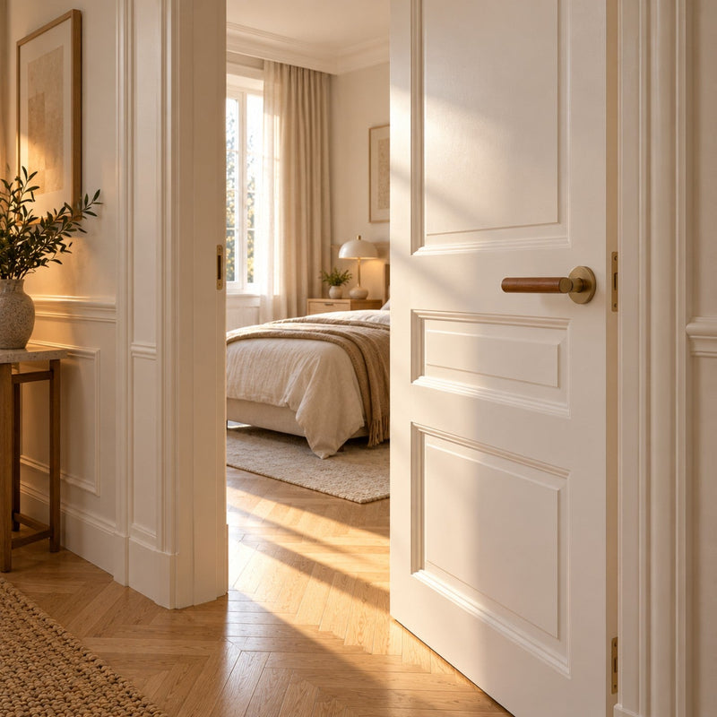 Porte de chambre blanche avec une poignée en bois moderne sur base dorée, dans un couloir lumineux