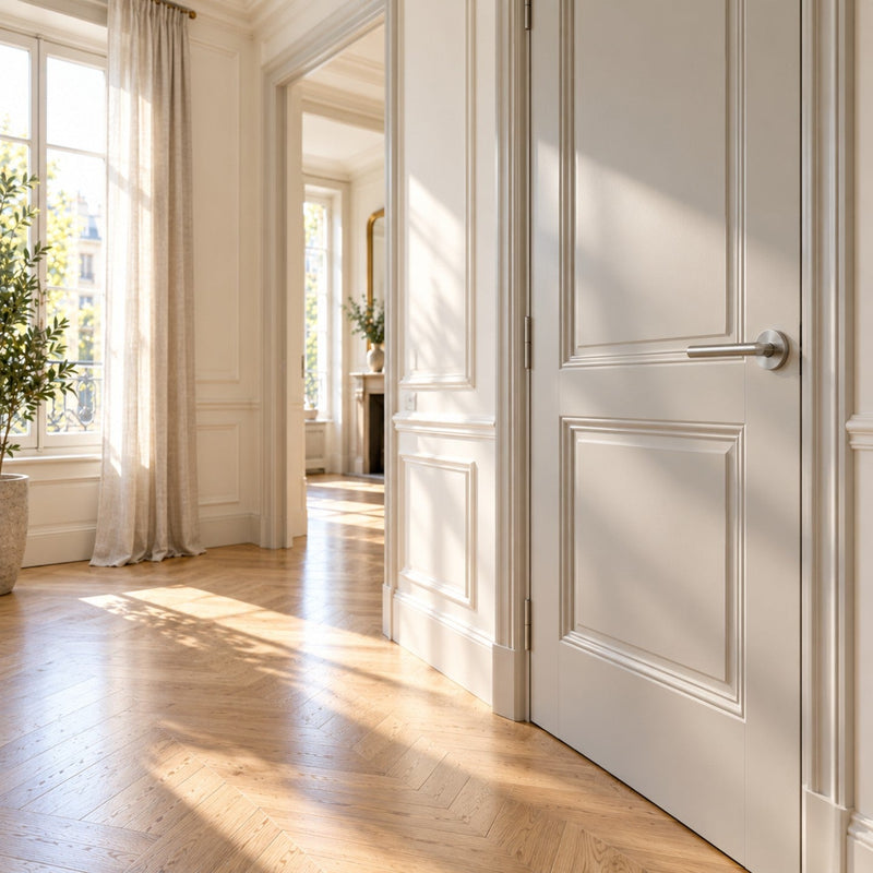 Couloir lumineux d’un appartement avec une porte gris clair équipée d’une longue béquille en inox brossé à hauteur de main