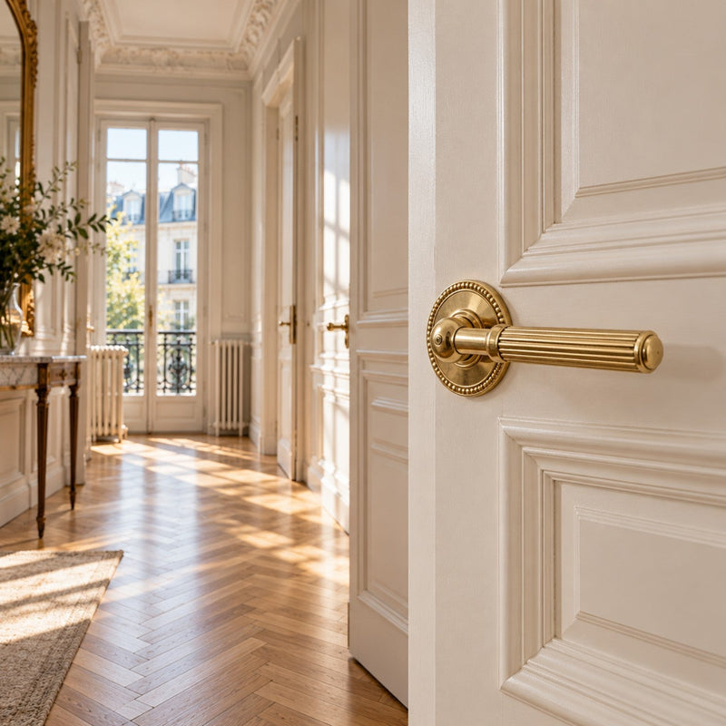Entrée d’un appartement haussmannien avec une grande porte blanche à panneaux et une poignée en laiton à manche cannelé, sur une rosace perlée