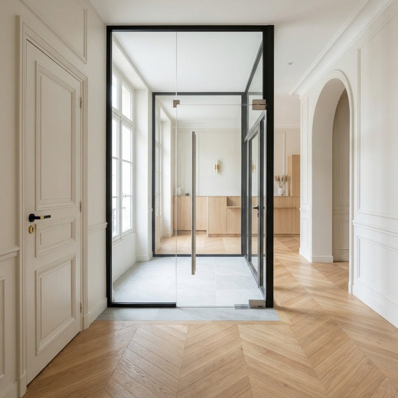 Entrée lumineuse et dégagée d’un local avec une grande porte vitrée équipée d’une longue barre de tirage verticale en inox
