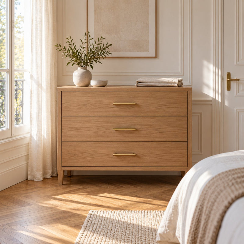 Chambre lumineuse avec une commode en chêne clair dont les tiroirs portent des barres fines en laiton brossé alignées