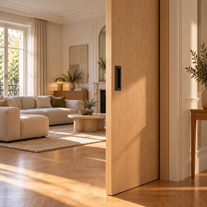 Porte coulissante en bois clair à galandage avec cuvette encastrée noire
