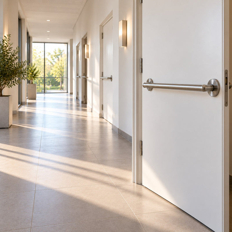 Couloir lumineux avec une large porte blanche équipée d'une barre de tirage horizontale en inox