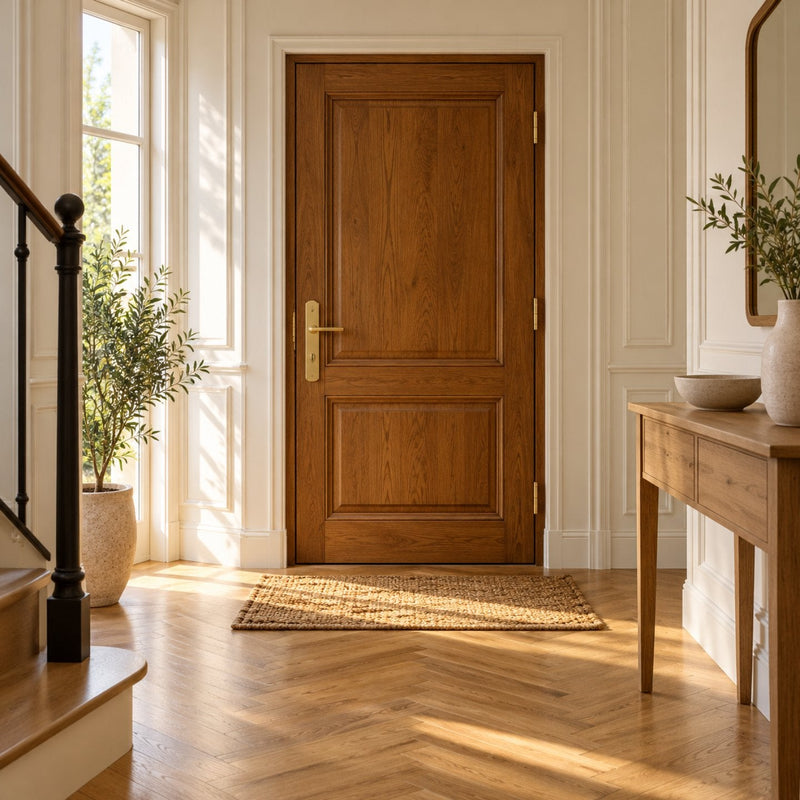 Entrée lumineuse d’une maison avec une porte en bois massif équipée d’une serrure en laiton brossé et une petite console en chêne avec une coupe en céramique