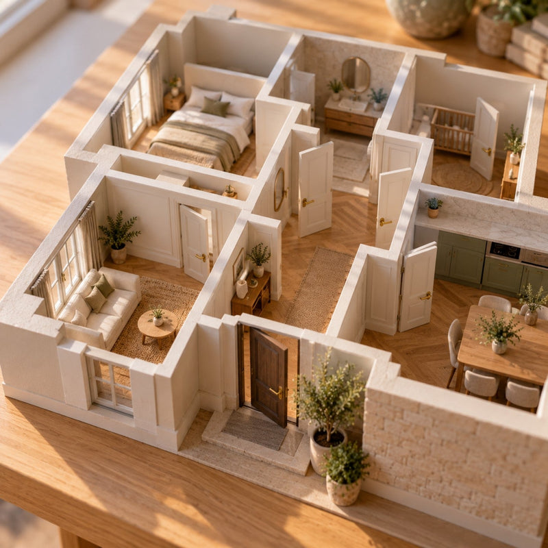 Maquette de maison sans toit sur une table en bois clair, avec de petites portes équipées de poignées en laiton