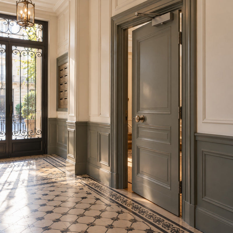 Hall d’immeuble avec une lourde porte en bois entrouverte, équipée d’un ferme-porte argenté à bras articulé