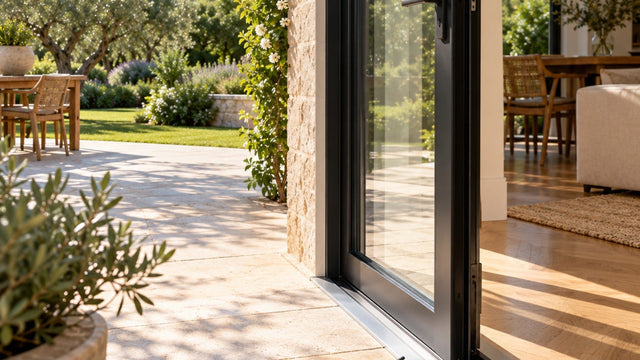 Terrasse lumineuse avec une porte-fenêtre en aluminium noir entrouverte sur le jardin
