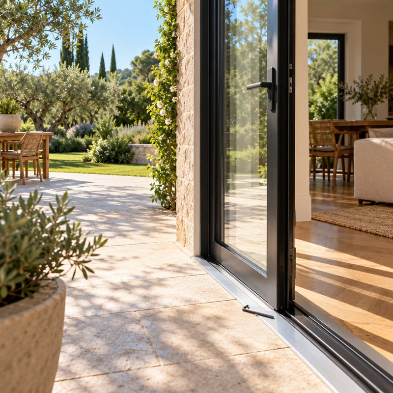 Terrasse lumineuse avec une porte-fenêtre en aluminium noir entrouverte sur le jardin