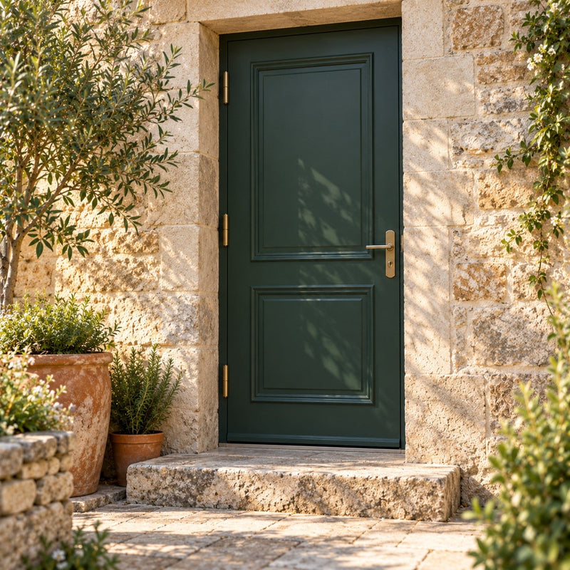 Porte d’entrée en bois vert foncé fermée, avec trois paumelles en laiton visibles sur son bord gauche et un jeu régulier