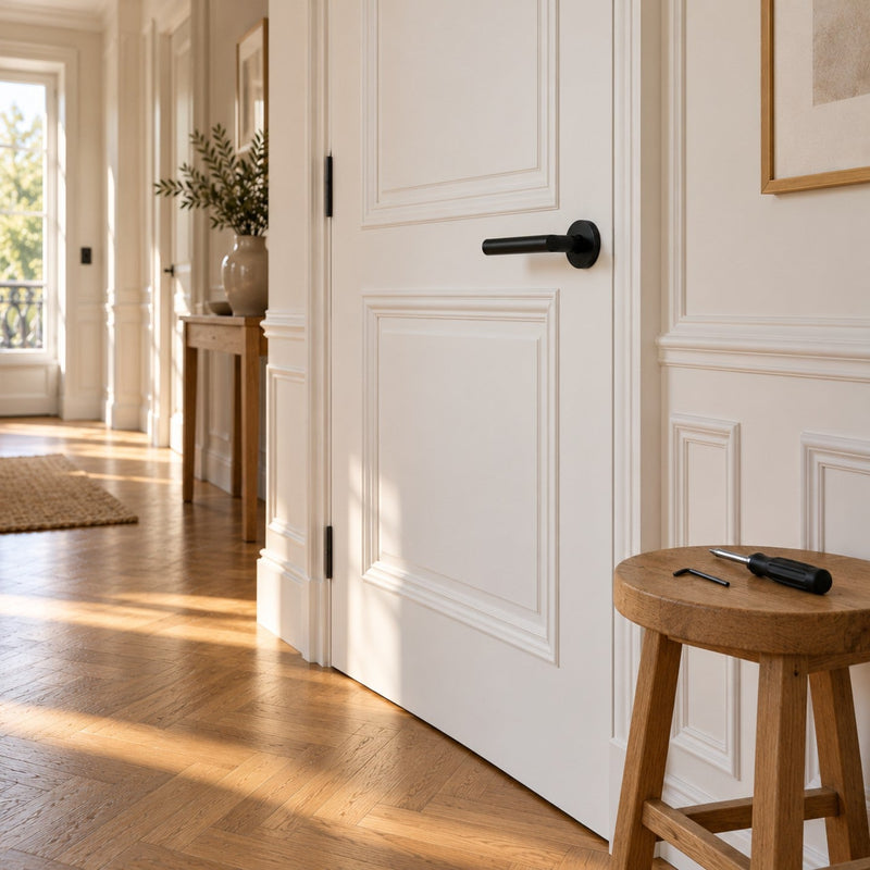 Couloir lumineux avec une porte blanche à poignée noir mat horizontale et, sur un tabouret, une clé mâle et un tournevis