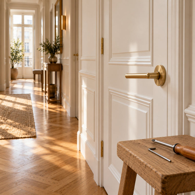 Couloir lumineux avec une porte blanche à panneaux, une poignée en laiton brossé bien droite, une clé six pans et un tournevis posés sur un tabouret en chêne