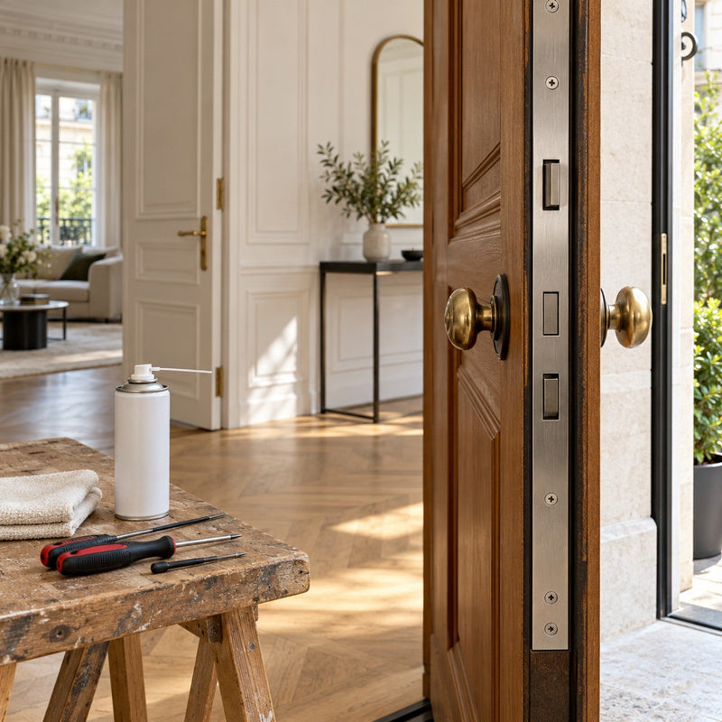 Porte d’entrée en bois ouverte vue par la tranche, avec une longue façade en acier, des tournevis, une bombe de lubrifiant sans inscription et un chiffon plié sur un tréteau