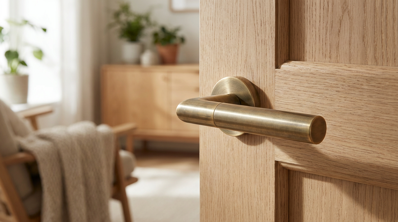 Poignée de porte laiton brossé sur porte en chêne clair