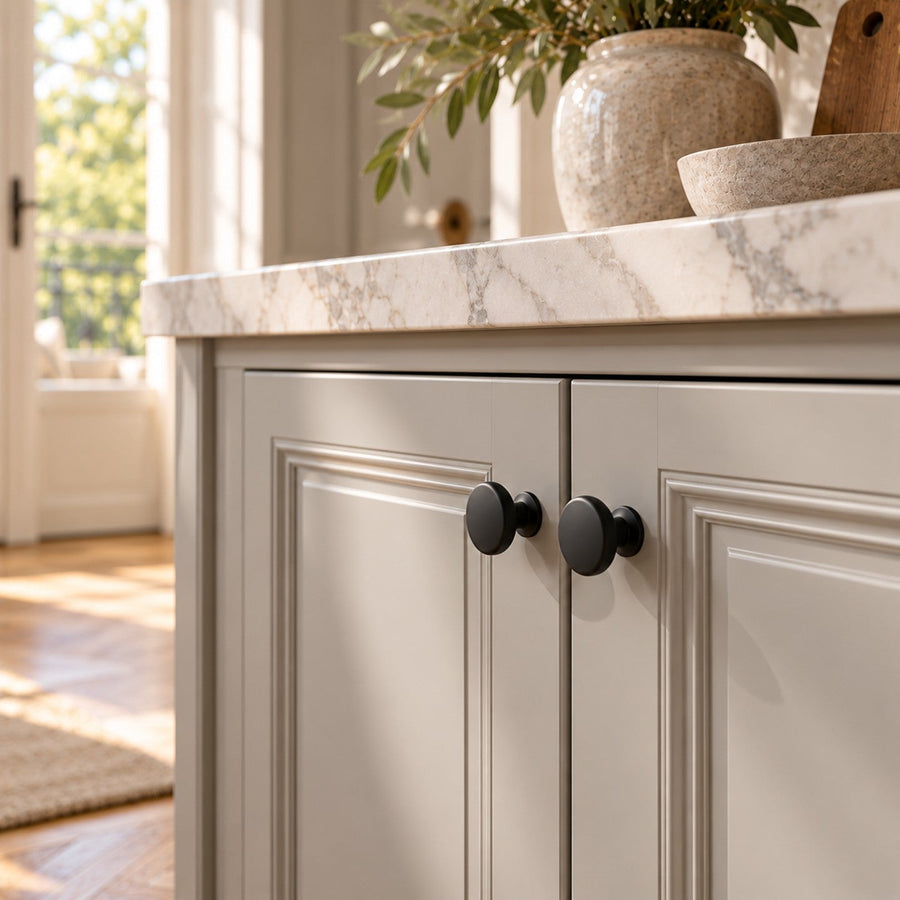 Boutons de meuble noirs sur des portes de placard grises