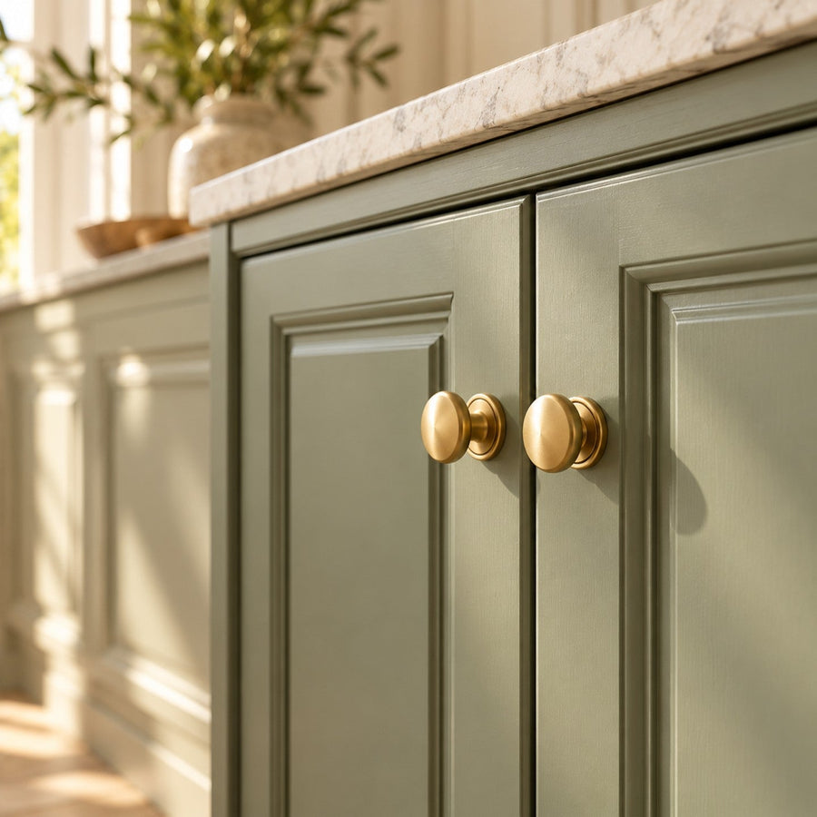 Boutons de porte de placard en laiton sur des portes vert sauge