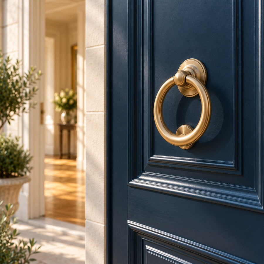 Heurtoir de porte en laiton sur une porte bleue