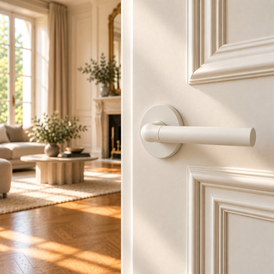 Poignée de porte blanche mate sur une porte blanche