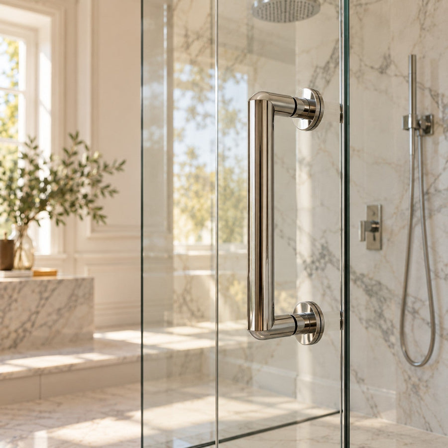 Poignée de porte de douche chromée sur une paroi en verre