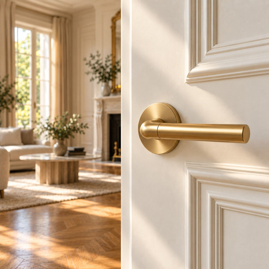 Poignée de porte dorée satinée sur une porte blanche