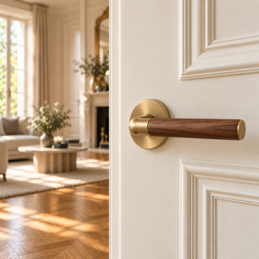 Poignée de porte en bois de noyer et laiton