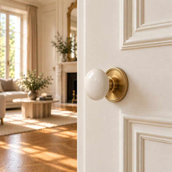 Bouton de porte en porcelaine blanche et laiton