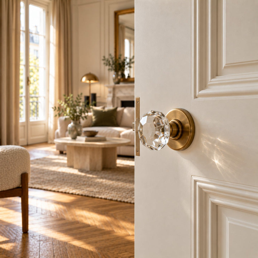 Bouton de porte en verre taillé avec rosace laiton