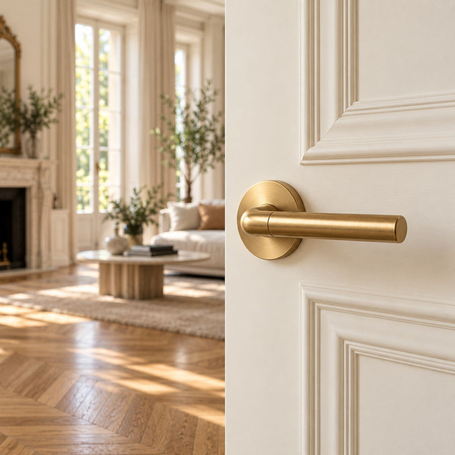 Poignée de porte intérieure en laiton brossé sur rosace