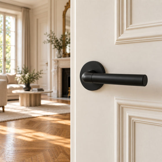 Poignée de porte noir mat sur rosace