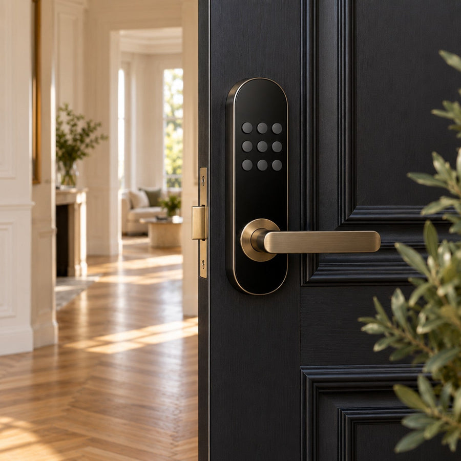 Serrure connectée à clavier sur une porte d'entrée