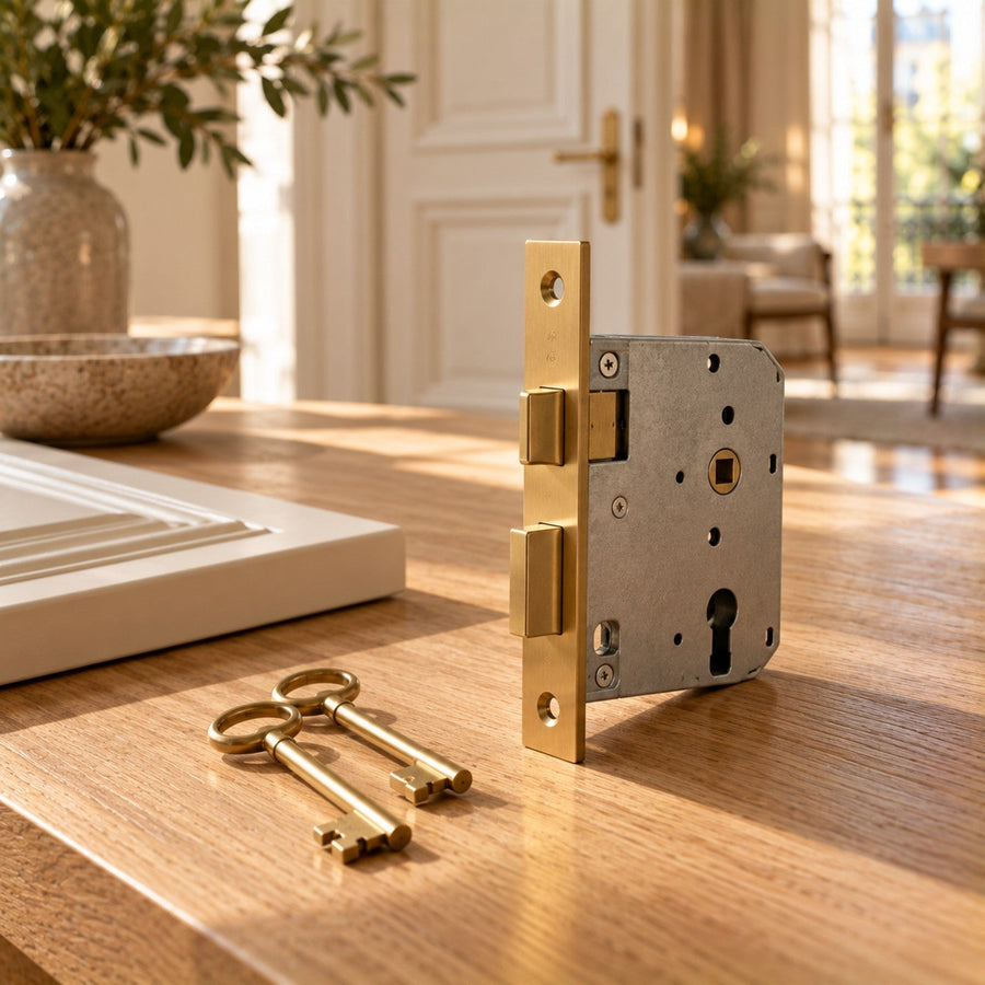 Serrure de porte encastrable avec têtière en laiton et clés