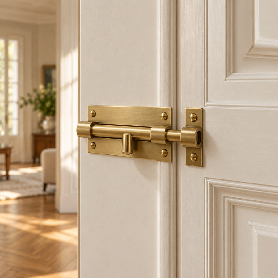 Verrou de porte en laiton sur une porte blanche