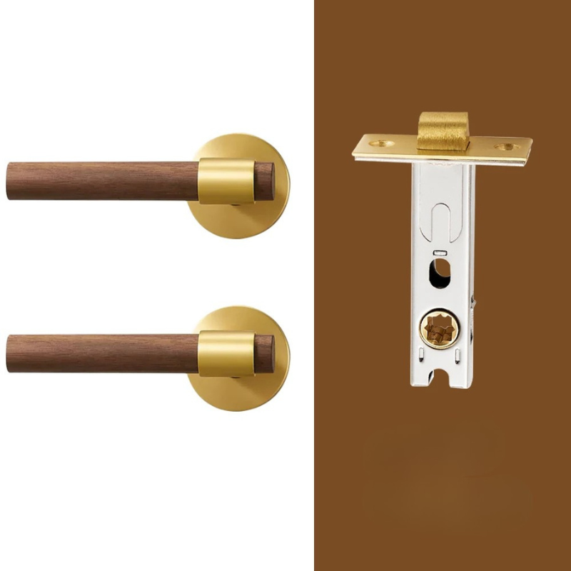 Poignée de Porte Intérieure Bois et Laiton Satiné, avec ou sans Serrure, vue 6