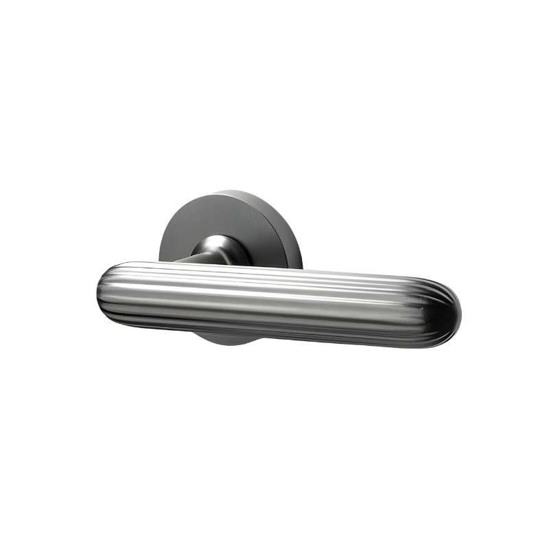 Poignée de Porte Intérieure Cannelée sur Rosace, Béquille Ovale en Zinc