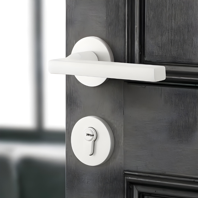 Poignée de Porte Blanche, Béquille Rectangulaire, Serrure à Clé, Entraxe 58 mm, vue 2