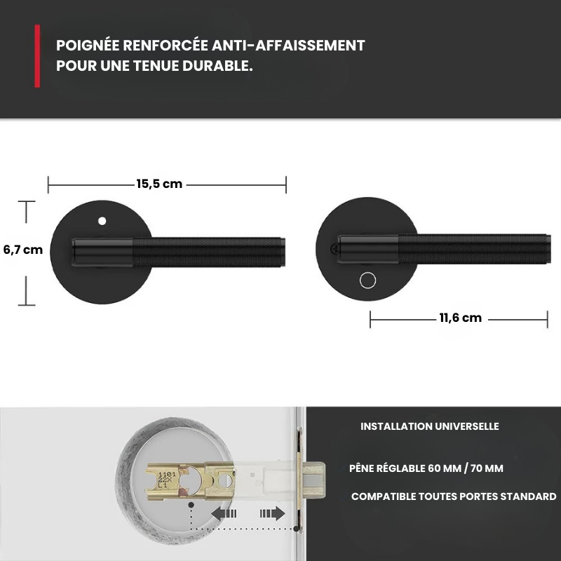 Poignée de Porte Intérieure Moletée à Condamnation, Nickel, Or ou Noir Mat, vue 7