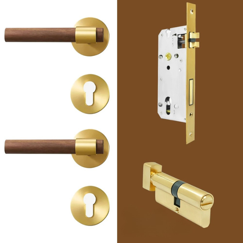 Poignée de Porte Intérieure Bois et Laiton Satiné, avec ou sans Serrure, vue 7