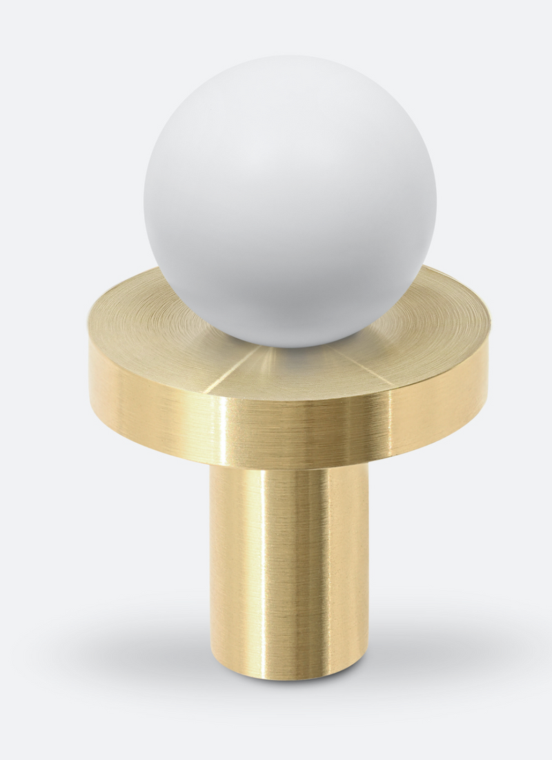Bouton de Meuble Boule Blanche Mate sur Disque Or Brossé, 30 mm, vue 2