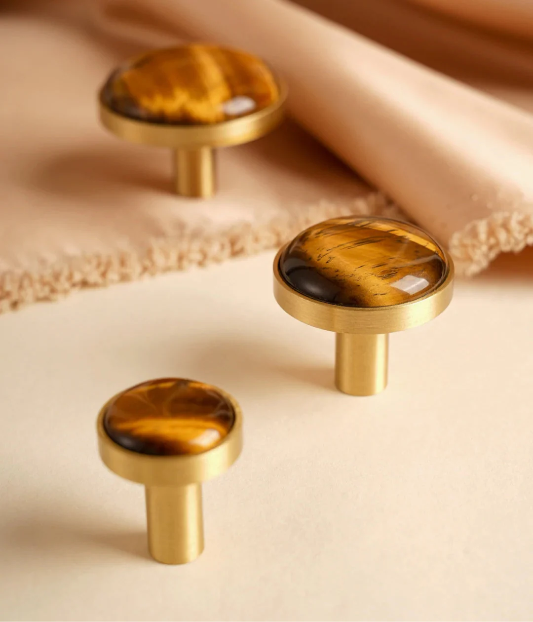 Bouton de Meuble en Laiton et Pierre Naturelle Marron Clair