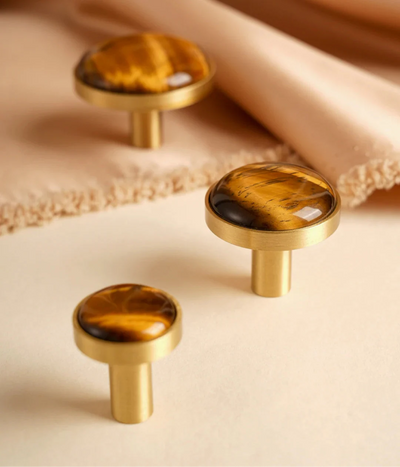Bouton de Meuble en Laiton et Pierre Naturelle Marron Clair