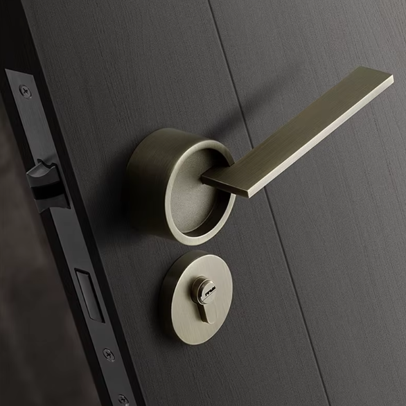 Poignée de Porte Intérieure Design Bronze, Béquille Lame Fine sur Rosace Ronde, vue 3