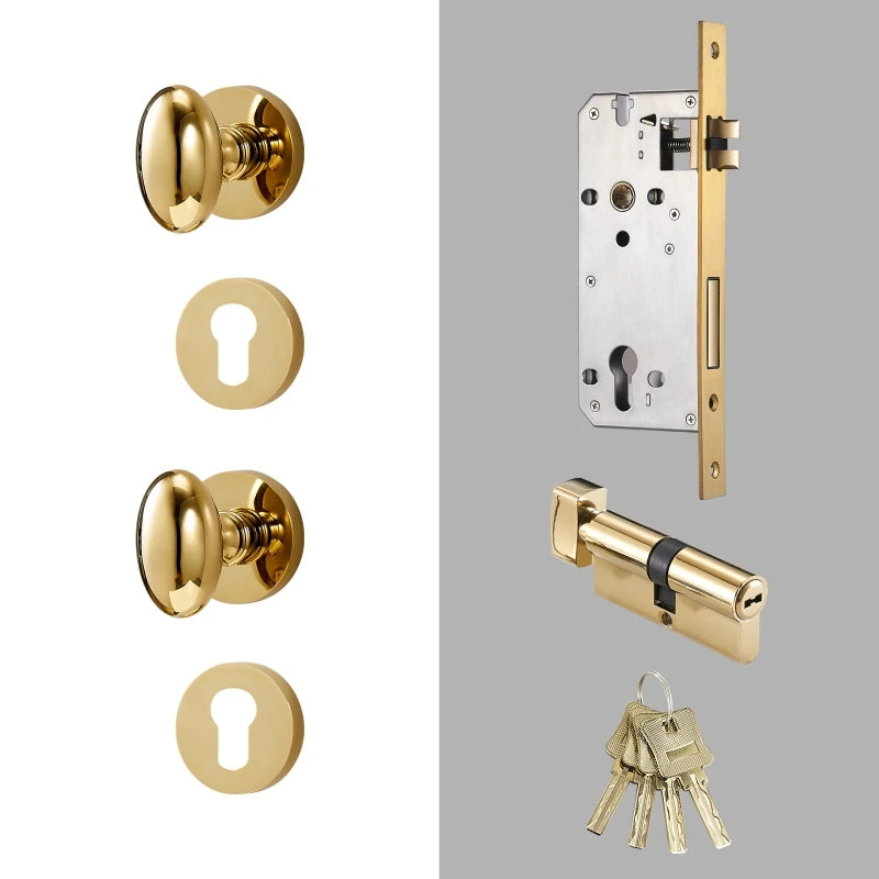 Bouton de Porte Ovale Doré Brillant, Serrure Encastrable avec Cylindre et Clés