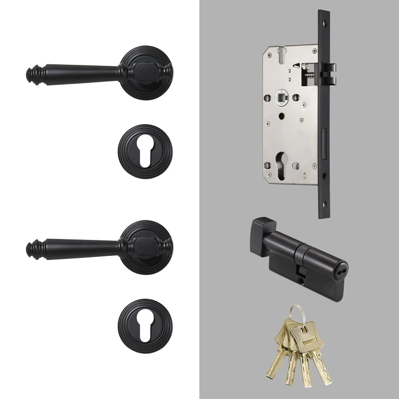Poignée de porte noire avec serrure – Kit complet en laiton massif noir mat – Style classique