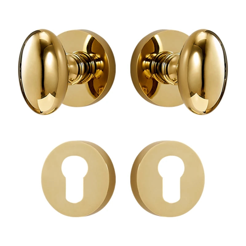 Bouton de Porte Ovale Doré Brillant en Laiton sur Rosace, sans Serrure