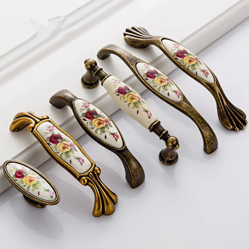 Poignée de Meuble Vintage Céramique Fleurie et Bronze, Entraxe 96 ou 128 mm