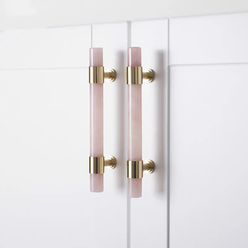 Poignée de Meuble Cristal Rose, Marbre Noir ou Pierre Blanche, Supports Laiton
