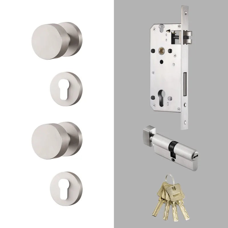 Bouton de Porte Rond Nickel Brossé en Laiton, Serrure Encastrable avec Clés
