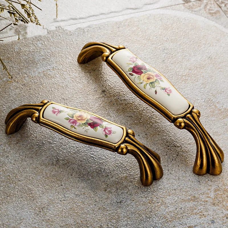 Poignée de Meuble Vintage Céramique Fleurie et Bronze, Entraxe 96 ou 128 mm, vue 4
