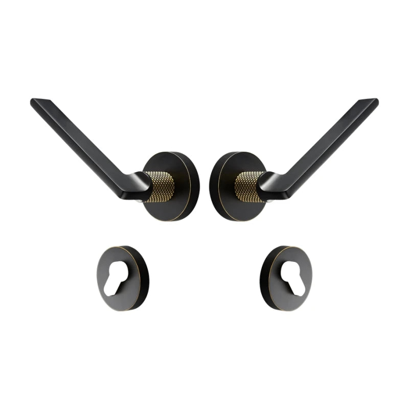 Poignée de porte noire design en laiton massif – Finition mate et détails dorés – Sans serrure