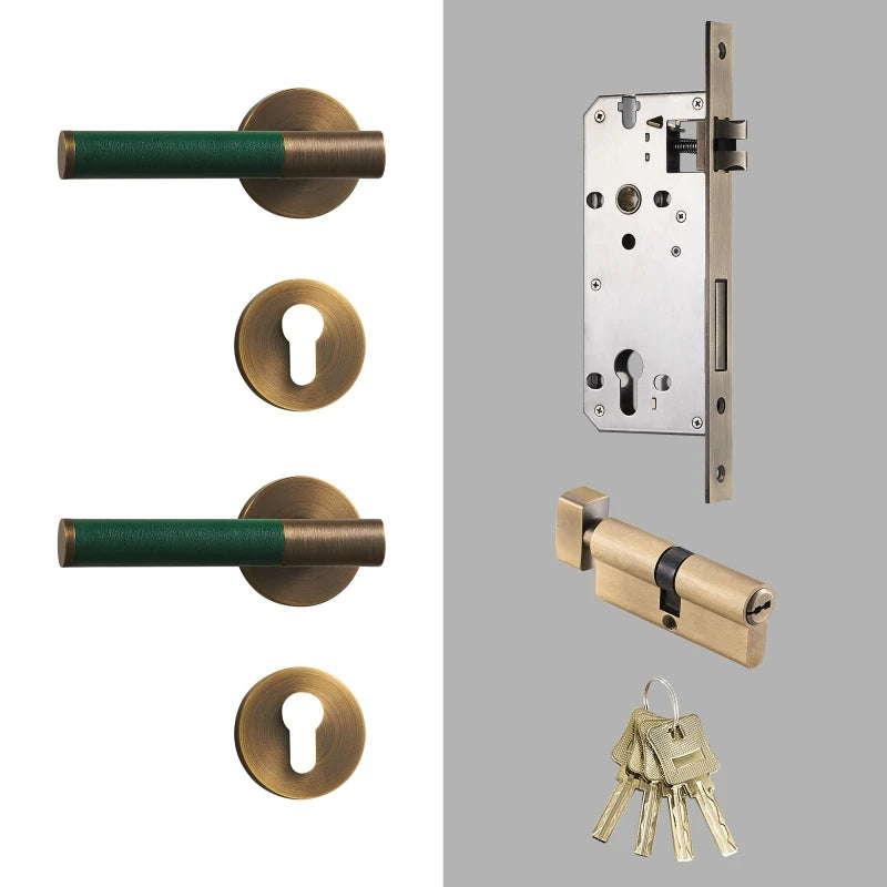 poignée de porte en laiton massif et cuir vert avec serrure complète