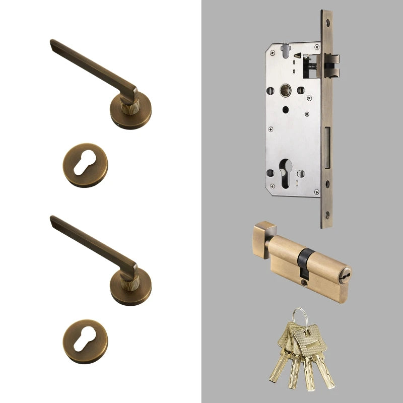 Poignée de Porte Laiton Bronze Antique, Béquille Moletée, Serrure Encastrable à Clé